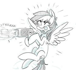 Size: 1084x1000 | Tagged: safe, artist:xieril, derpibooru import, rainbow dash, pegasus, pony, beanbrows, cute, dashabetes, money gun, monochrome, solo, tongue out