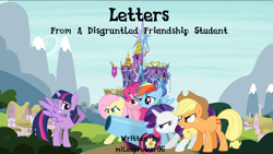 Size: 1278x721 | Tagged: safe, derpibooru import, applejack, fluttershy, pinkie pie, rainbow dash, rarity, twilight sparkle, twilight sparkle (alicorn), alicorn, earth pony, pegasus, pony, unicorn, fanfic art, fanfic cover, female, mane six, mare, party cannon, ponyville, twilight's castle