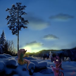 Size: 900x900 | Tagged: safe, artist:miokomata, derpibooru import, fluttershy, twilight sparkle, pegasus, pony, backlighting, bipedal, clothes, scarf, scenery, snow, sunrise, tree, winter