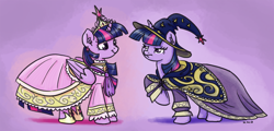 Size: 1280x615 | Tagged: safe, artist:king-kakapo, derpibooru import, twilight sparkle, twilight sparkle (alicorn), alicorn, pony, alternate universe, big crown thingy, clothes, colored, dress, ear fluff, earring, element of magic, female, frown, glare, hat, mare, multiverse, raised hoof, scene interpretation, self ponidox, smiling, standing, twiface, unamused, wizard, wizard hat