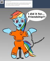 Size: 973x1183 | Tagged: safe, artist:platinumdrop, derpibooru import, rainbow dash, pegasus, pony, ask, clothes, dialogue, prison outfit, prisoner, prisoner rd, request, shrug, solo, tumblr, tumblr:ask-platinumdrop