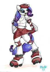 Size: 2303x3300 | Tagged: safe, artist:pon8d, rarity, anthro, unguligrade anthro, arm hooves, belly button, knee pads, marker drawing, midriff, prismacolors, roller derby, roller skates, shoulder pads, simple background, solo, traditional art, white background