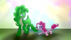 Size: 2560x1440 | Tagged: safe, artist:torifeather, gummy, pinkie pie, earth pony, pony, recolor, simple background, tabun art-battle