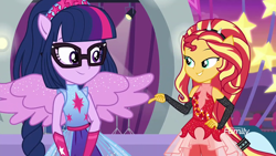 Size: 1280x720 | Tagged: safe, screencap, sci-twi, sunset shimmer, twilight sparkle, better together, equestria girls, rollercoaster of friendship, duo, female, ponied up, scitwilicorn, shipping fuel, super ponied up