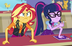 Size: 807x516 | Tagged: safe, screencap, sci-twi, sunset shimmer, twilight sparkle, better together, equestria girls, rollercoaster of friendship, angry, duo, faic, geode of empathy, geode of telekinesis