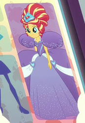 Size: 246x356 | Tagged: safe, screencap, sunset shimmer, equestria girls, equestria girls series, rollercoaster of friendship, alternate hairstyle, clothes, cropped, crown, dress, gown, impossibly large dress, jewelry, poofy shoulders, princess, regalia, solo