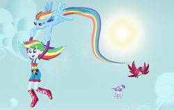 Size: 3514x2217 | Tagged: safe, artist:majkashinoda626, derpibooru import, rainbow dash, bird, equestria girls, flying, human ponidox, sky, solo, square crossover