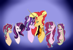 Size: 7937x5385 | Tagged: safe, alternate version, artist:icey-wicey-1517, artist:moonlight0shadow0, color edit, edit, starlight glimmer, sunset shimmer, oc, oc:dawn light (ice1517), oc:dusk fire (ice1517), oc:evening glitter, oc:shadow shine, pony, unicorn, collaboration, alternate hairstyle, blue background, brother and sister, bust, colored, ear piercing, earring, eyebrow piercing, family, female, glasses, gradient background, horn ring, icey-verse, jewelry, lesbian, lip piercing, looking at each other, magical lesbian spawn, male, mare, mother and child, mother and daughter, mother and son, next generation, nose piercing, offspring, parent and child, parent:starlight glimmer, parent:sunset shimmer, parents:shimmerglimmer, piercing, ring, shimmerglimmer, shipping, siblings, simple background, sisters, snake bites, stallion, tattoo, twins, wedding ring