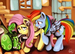 Size: 1024x734 | Tagged: safe, artist:shivall, derpibooru import, fluttershy, rainbow dash, tank, pegasus, pony, tanks for the memories, doctor fluttershy, listening, stethoscope