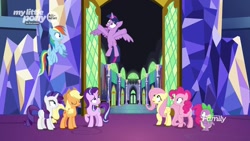 Size: 1920x1080 | Tagged: safe, screencap, applejack, fluttershy, pinkie pie, rainbow dash, rarity, spike, starlight glimmer, twilight sparkle, twilight sparkle (alicorn), alicorn, dragon, earth pony, pegasus, pony, unicorn, the beginning of the end, mane eight, mane seven, mane six, winged spike