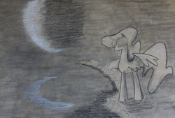 Size: 1360x920 | Tagged: safe, artist:inkygarden, princess celestia, alicorn, pony, charcoal drawing, moon, night, sketch, solo, traditional art, water