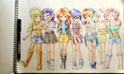 Size: 1280x763 | Tagged: safe, artist:thecaptainacobskicorncob, derpibooru import, angel bunny, applejack, fluttershy, pinkie pie, rainbow dash, rarity, sci-twi, sunset shimmer, twilight sparkle, equestria girls, clothes, converse, crystal prep academy uniform, cute, female, flutterdash, human coloration, humane five, humane seven, humane six, lesbian, rarijack, school uniform, scitwishimmer, shipping, shoes, shoulderless, sneakers, sunsetsparkle, traditional art