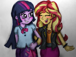 Size: 2000x1500 | Tagged: safe, artist:inktheblot, sunset shimmer, twilight sparkle, better together, equestria girls, blush sticker, blushing, eyes closed, female, geode of empathy, holding hands, lesbian, magical geodes, shipping, simple background, sunsetsparkle, traditional art