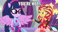 Size: 600x337 | Tagged: safe, edit, edited screencap, screencap, sci-twi, sunset shimmer, twilight sparkle, better together, equestria girls, rollercoaster of friendship, female, image macro, lesbian, meme, ponied up, scitwilicorn, scitwishimmer, shipping, sunsetsparkle, super ponied up