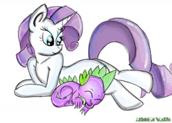 Size: 1280x914 | Tagged: safe, artist:lennonblack, rarity, spike, dragon, pony, unicorn, female, male, shipping, sleeping, sparity, straight