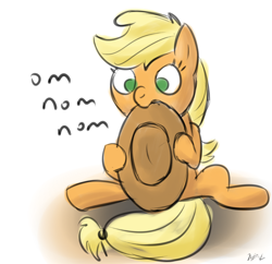 Size: 1900x1837 | Tagged: safe, artist:fapalot, applejack, earth pony, pony, cute, eating, hoof hold, nom, silly, silly pony, sitting, solo, who's a silly pony