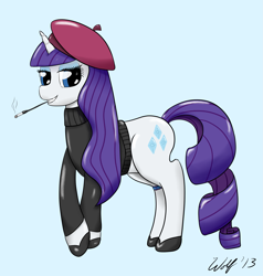 Size: 1765x1857 | Tagged: safe, artist:ookamithewolf1, rarity, pony, unicorn, beret, cigarette, cigarette holder, simple background, smoking, solo