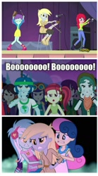 Size: 933x1682 | Tagged: safe, edit, edited screencap, screencap, blueberry cake, blueberry pie, bon bon, captain planet, derpy hooves, lavender lace, lyra heartstrings, raspberry fluff, rose heart, scott green, sweetie drops, equestria girls, rainbow rocks, bell, cowbell, microphone, musical instrument, musical saw, screencap comic, stage, the muffins, triangle