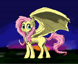 Size: 3507x2880 | Tagged: safe, artist:pwnyville, fluttershy, fangs, flutterbat, incomplete, looking back, solo, spread wings, wide eyes, wip