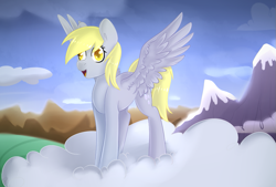 Size: 1063x720 | Tagged: safe, artist:renka2802, artist:tigra0118, derpy hooves, pegasus, pony, cloud, colored pupils, cute, derpabetes, female, happy, i have seen everything, mare, mountain, open mouth, sky, solo, spread wings, standing on cloud, thousand yard stare, wings