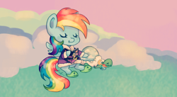 Size: 1024x560 | Tagged: safe, artist:chiuuchiuu, derpibooru import, rainbow dash, tank, pegasus, pony, tanks for the memories, bathrobe, book, chibi, clothes, dashie slippers, reading, robe, sleeping, tank slippers