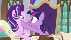 Size: 2100x1181 | Tagged: safe, screencap, starlight glimmer, twilight sparkle, twilight sparkle (alicorn), alicorn, pony, unicorn, the beginning of the end, boop, duo, duo female, female, mare, nose wrinkle, noseboop, squishy cheeks, twilight's office