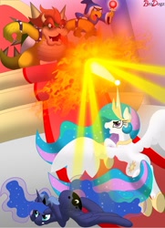 Size: 1086x1500 | Tagged: safe, artist:brodogz, princess celestia, princess luna, alicorn, pony, bowser, crossover, fight, fire, fire breath, kamek, magic, magikoopa, scared, super mario bros.