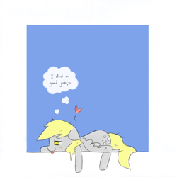 Size: 2000x2000 | Tagged: safe, artist:grim ponka, derpy hooves, pegasus, pony, afterglow, female, floppy ears, heart, mare, satisfied, simple background, solo, thought bubble, tired, tongue out