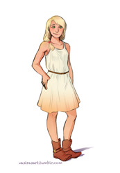 Size: 720x1041 | Tagged: safe, artist:vasira, applejack, human, boots, clothes, dress, freckles, humanized, short dress, smiling, solo