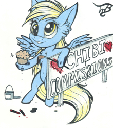 Size: 1024x1162 | Tagged: safe, artist:tillie-tmb, derpy hooves, pony, chibi, food, muffin, sign, solo