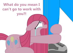 Size: 2338x1700 | Tagged: safe, artist:vincentthecrow, pinkie pie, human, bronybait, crying, leg, pinkamena diane pie, sad, shoes, simple background, solo, transparent background, vtc's wacky vectors