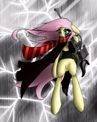 Size: 2000x2500 | Tagged: safe, artist:maiah, fluttershy, pegasus, pony, cloak, clothes, flutterbadass, gun, scarf, solo