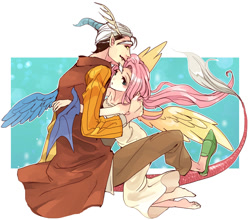 Size: 780x686 | Tagged: safe, artist:pasikon, discord, fluttershy, human, barefoot, discoshy, feet, female, horned humanization, humanized, male, shipping, straight, tailed humanization, winged humanization