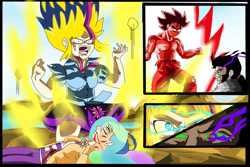 Size: 1095x730 | Tagged: safe, artist:yordisz, king sombra, princess celestia, twilight sparkle, equestria girls, blood, dragon ball z, goku, super saiyan princess