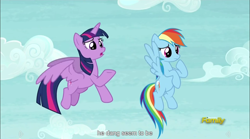 Size: 1282x714 | Tagged: safe, derpibooru import, screencap, rainbow dash, twilight sparkle, twilight sparkle (alicorn), alicorn, pegasus, pony, tanks for the memories, female, mare, meme, youtube caption