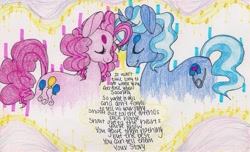 Size: 1780x1084 | Tagged: safe, artist:jellybeanmouse, pinkie pie, pokey pierce, earth pony, pony, eyes closed, female, male, pokeypie, shipping, straight, text