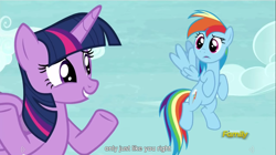 Size: 1281x715 | Tagged: safe, derpibooru import, screencap, rainbow dash, twilight sparkle, twilight sparkle (alicorn), alicorn, pegasus, pony, tanks for the memories, female, mare, meme, youtube caption