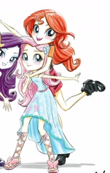 Size: 1066x1672 | Tagged: safe, artist:ritalux, fluttershy, rarity, sunset shimmer, better together, equestria girls, best friends, boots, clothes, cropped, feet, female, hasbro, jacket, looking at you, official, sandals, shoes, skirt, smiling