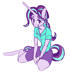 Size: 600x618 | Tagged: safe, artist:vautaryt, starlight glimmer, anthro, unicorn, clothes, female, long horn, looking at you, mare, ponytail, simple background, sitting, smiling, solo, transparent background