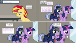 Size: 2564x1444 | Tagged: safe, artist:hakunohamikage, sunset shimmer, twilight sparkle, twilight sparkle (alicorn), alicorn, pony, armor, ask, ask-princesssparkle, dusk guard, horn ring, magic suppression, tumblr