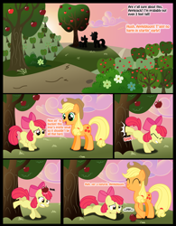 Size: 1162x1488 | Tagged: safe, artist:ohthatandy, apple bloom, applejack, earth pony, pony, adorabloom, apple, applebucking, artifact, comic, cute, derp, kick, that pony sure does love apples