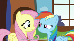 Size: 1280x712 | Tagged: safe, derpibooru import, screencap, fluttershy, rainbow dash, pegasus, pony, tanks for the memories, meme, youtube caption