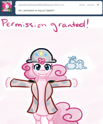 Size: 500x600 | Tagged: safe, artist:alipes, pinkie pie, rocky, sir lintsalot, pony, ask, ask pinkie pierate, bicorne, bipedal, clothes, hat, pirate, tumblr