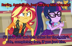 Size: 807x516 | Tagged: safe, edit, edited screencap, screencap, sci-twi, sunset shimmer, twilight sparkle, better together, equestria girls, rollercoaster of friendship, implied lesbian, implied rarijack, implied shipping, shipper on deck, vulgar