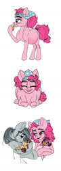 Size: 600x1658 | Tagged: safe, artist:celestial-rainstorm, marble pie, pinkie pie, oc, oc:cherry chimichanga, oc:confetti cake, earth pony, pony, baby, baby pony, belly, big belly, cute, eating, female, filly, foal, food, mama pinkie, muffin, offspring, parent:cheese sandwich, parent:pinkie pie, parents:cheesepie, pie sisters, preggy pie, pregnant, siblings, sisters, tongue out, twins