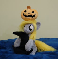 Size: 1200x1218 | Tagged: safe, artist:lanacraft, derpy hooves, pegasus, pony, halloween, hat, holiday, irl, jack-o-lantern, photo, plushie, pumpkin, solo, witch hat