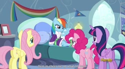 Size: 1280x711 | Tagged: safe, derpibooru import, screencap, fluttershy, pinkie pie, rainbow dash, twilight sparkle, twilight sparkle (alicorn), alicorn, earth pony, pegasus, pony, tanks for the memories, female, mare, meme, youtube caption