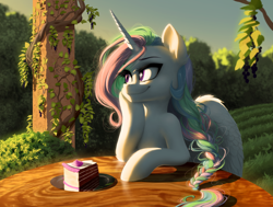 Size: 2048x1546 | Tagged: safe, artist:here-for-the-ponies, artist:katputze, princess celestia, alicorn, pony, collaboration, alternate hairstyle, braid, cake, cakelestia, cute, cutelestia, ear fluff, female, mare, smiling, solo