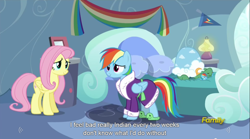 Size: 1280x714 | Tagged: safe, derpibooru import, screencap, fluttershy, rainbow dash, tank, pegasus, pony, tanks for the memories, meme, youtube caption