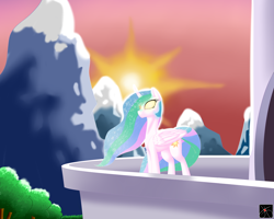 Size: 5000x4000 | Tagged: safe, artist:victoreach, princess celestia, alicorn, pony, glowing eyes, magic, solo, sun, sun work, sunrise